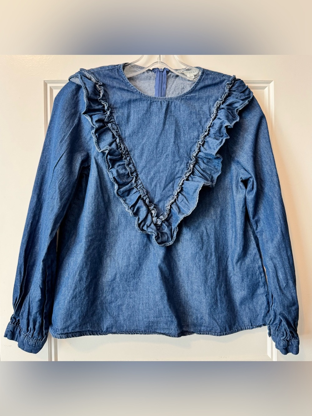 Y2K Denim Ruffle Blouse Top Blue Long Sleeve 100% Cotton